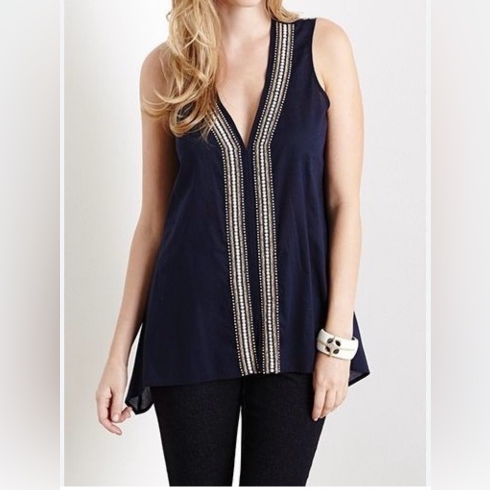 THML Sleeveless Embellished V-Neck Navy Top